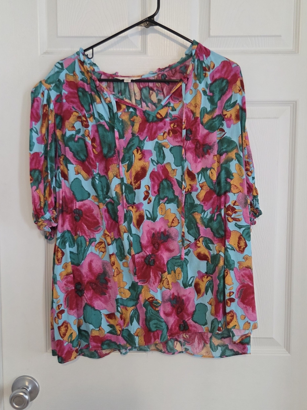 Terra & Sky Aqua Floral Tie-Front Blouse with Pink & Green Accents